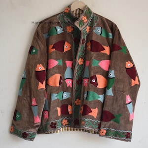 Velvet Suzani Embroidered Jacket, Handmade Boho Coat