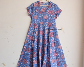 Vestido largo indio de algodón con estampado floral y estampado a mano