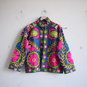 Suzani coat, Womens Suzani jacket, Denim embroidery jacket, Handmade embroidery coat, Suzani kimono robe, Cotton quilted Boho jacket