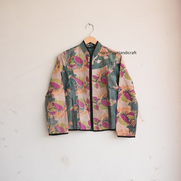 Reversible kantha jacket, Indian handmade kantha quilted jacket, Kantha kimono jacket, short jacket, cotton kantha jacket, boho kantha coat