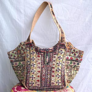 Vintage Banjara Tote Bag, Handmade Afghan Embroidery, Patchwork Shoulder Bag
