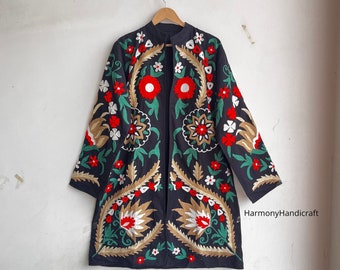Handmade Suzani Embroidered Cotton Jacket, Boho Kimono Robe