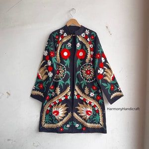 Suzani coat, Womens Suzani jacket, Indian Cotton embroidery jacket, Handmade embroidery coat, Suzani kimono robe, Cotton quilted Boho jacket
