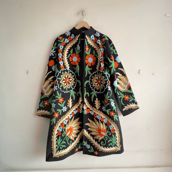Suzani coat, Womens Suzani jacket, Indian Cotton embroidery jacket, Handmade embroidery coat, Suzani kimono robe, Cotton quilted Boho jacket