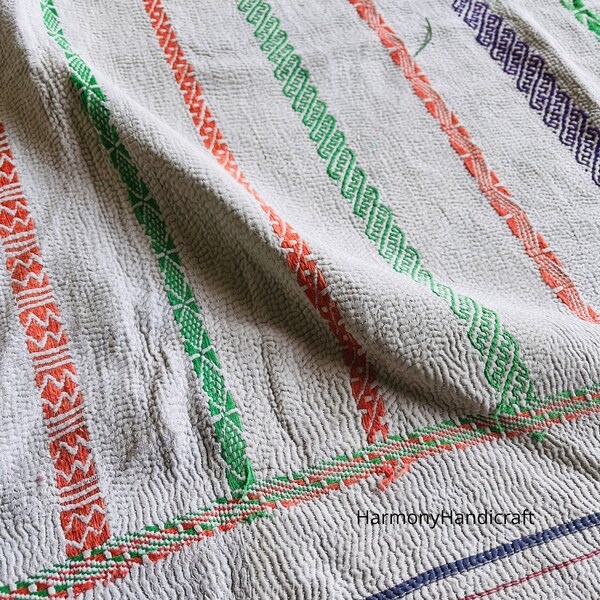 Nakshi kantha, Exclusive heavy kantha, Indian vintage kantha, white kantha quilt, Cotton kantha quilt, Nakshi throw, Recycled cotton blanket