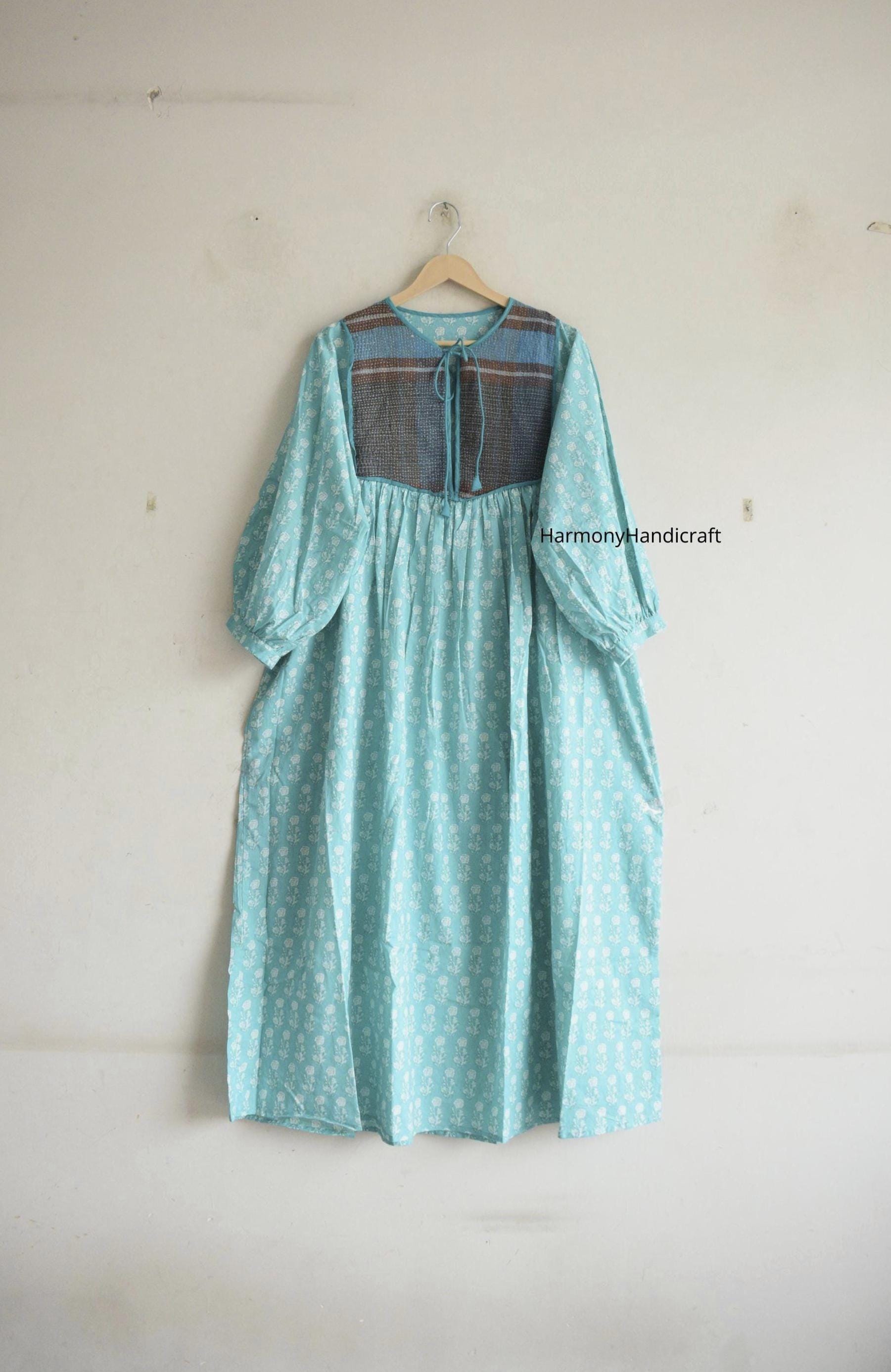 kantha quilt × hand block print dress Hand Block Print Cotton Maxi Dress, Kantha Patch Boho Style - Etsy