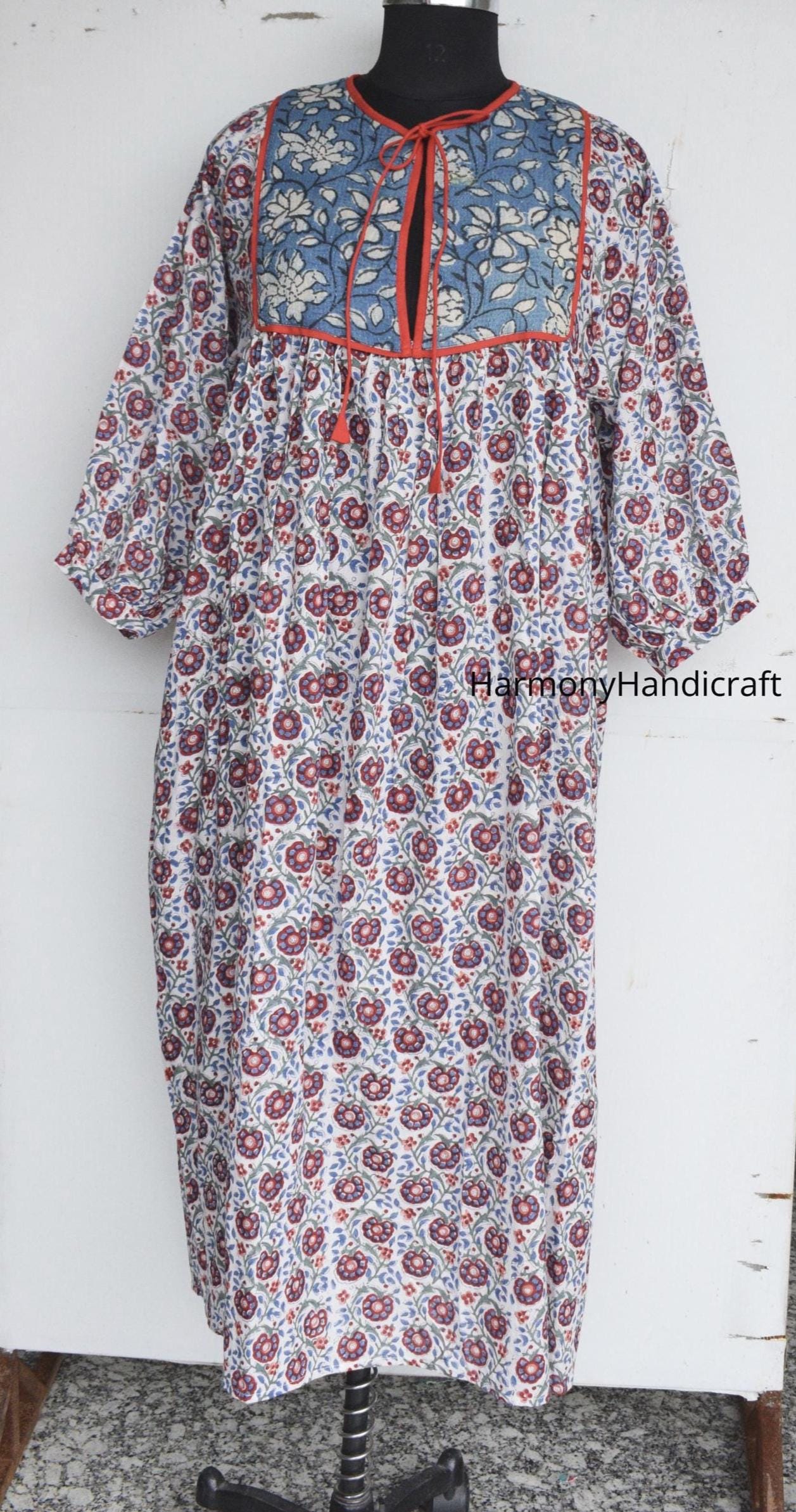 Handmade Cotton Maxi Dress, Floral Block Print Kantha Patch, Boho