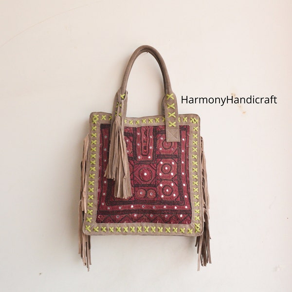 Handmade Vintage Banjara bag, leather laptop bag, Afghani bag, Embroidery bag, Boho shoulder bag, Indian style bag, Bohemian bag Leather bag
