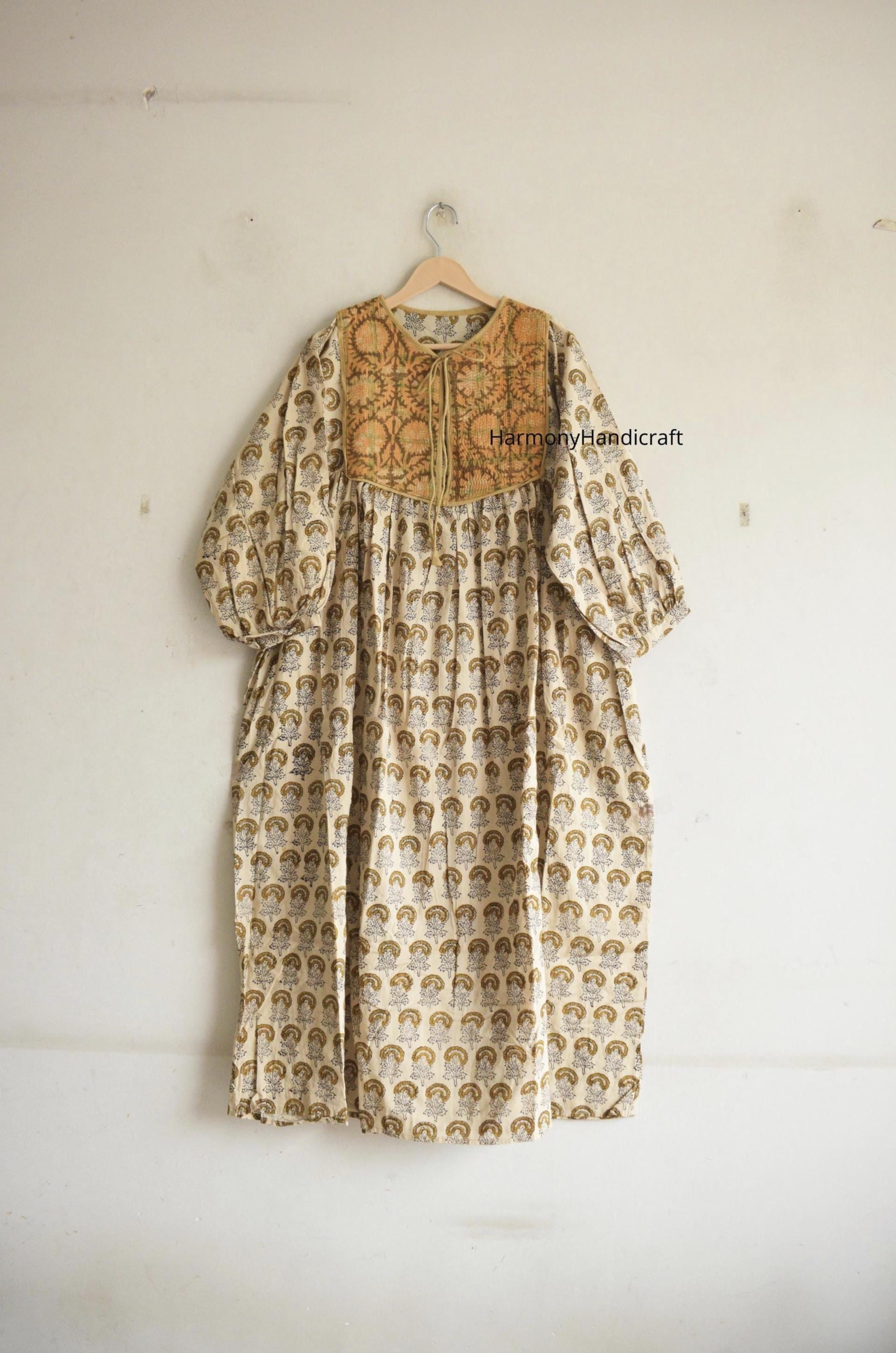 Handmade Cotton Block Print Dress, Kantha Patch, Boho Maxi Dress