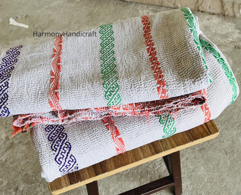 Nakshi kantha, Exclusive heavy kantha, Indian vintage kantha, white kantha quilt, Cotton kantha quilt, Nakshi throw, Recycled cotton blanket image 6