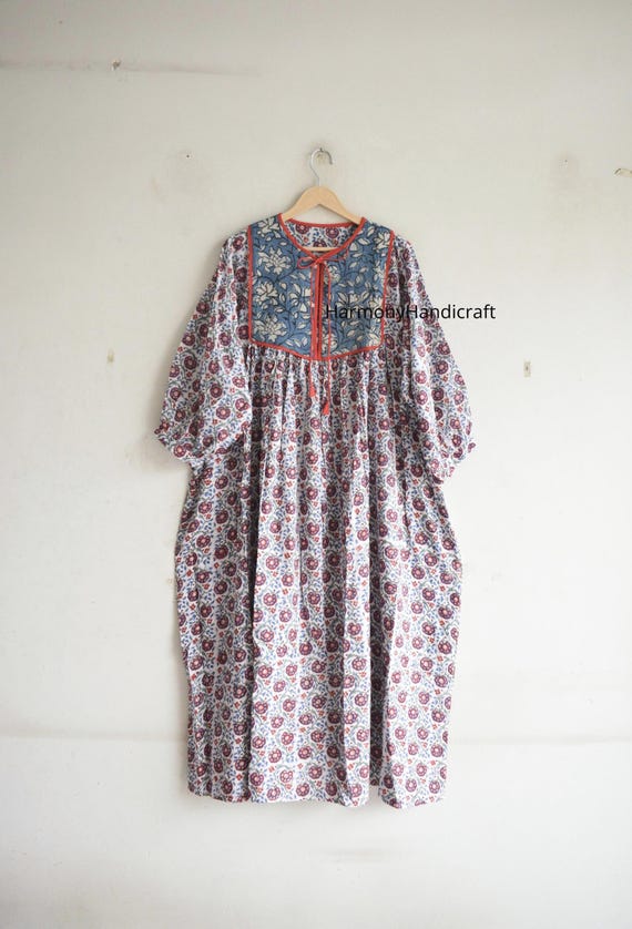 Handmade Cotton Maxi Dress, Floral Block Print Kantha Patch, Boho