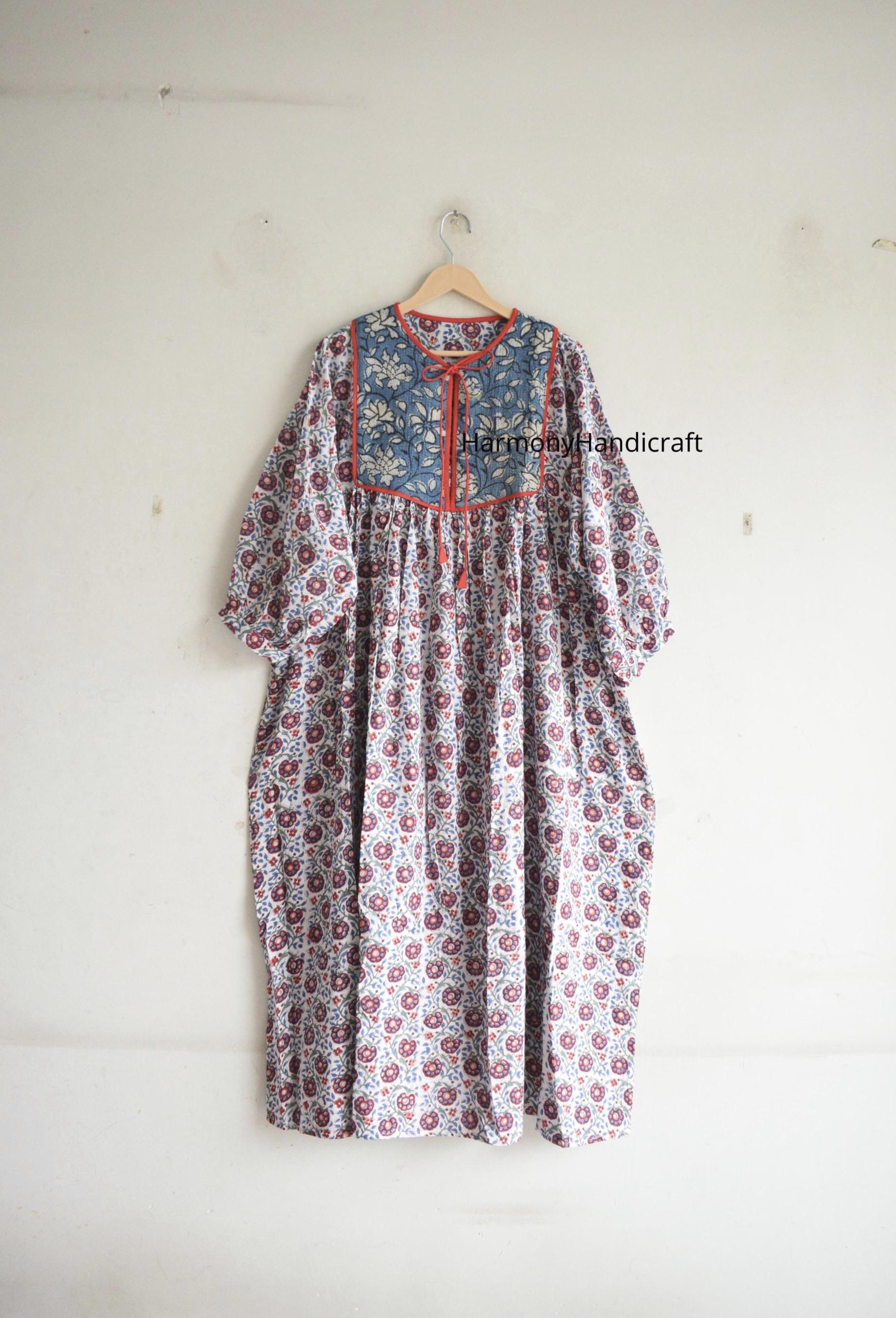 kantha quilt × hand block print dress Handmade Cotton Maxi Dress, Floral Block Print Kantha Patch, Boho