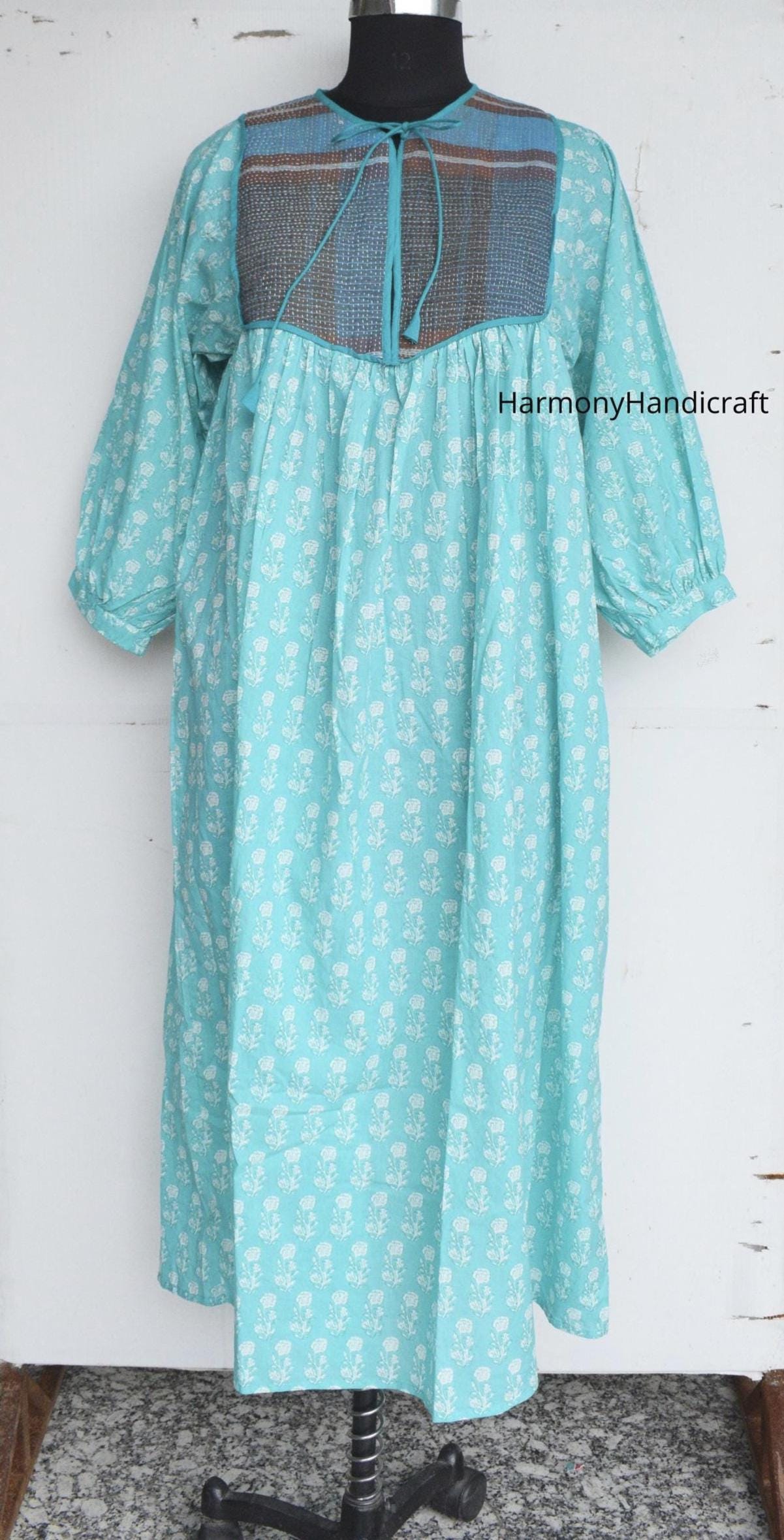Hand Block Print Cotton Maxi Dress, Kantha Patch Boho Style - Etsy