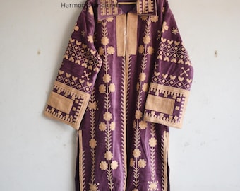 Embroidered Velvet Kimono Coat, Bohemian Floral Jacket