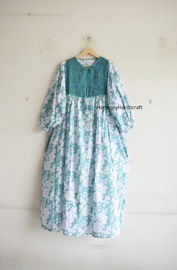 Handmade Cotton Maxi Dress, Block Print Kantha Patch, Boho Indian