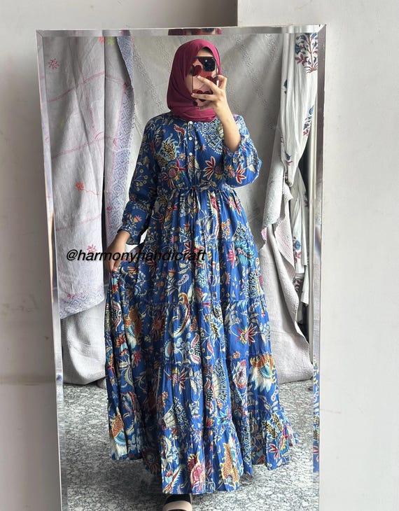 white christmas dresses Sufiana Blue Cotton Hand Block Print Maxi Dress – Arbudaa home
