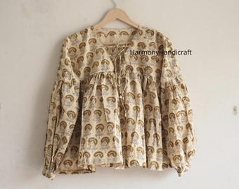 Handmade Cotton Block Print Top: Boho Floral Short Tunic