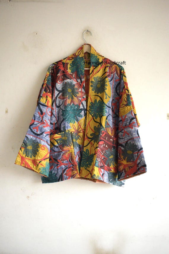 Vintage Reversible Kantha Quilted Jacket: Short Suzani Embroidered - Main Image