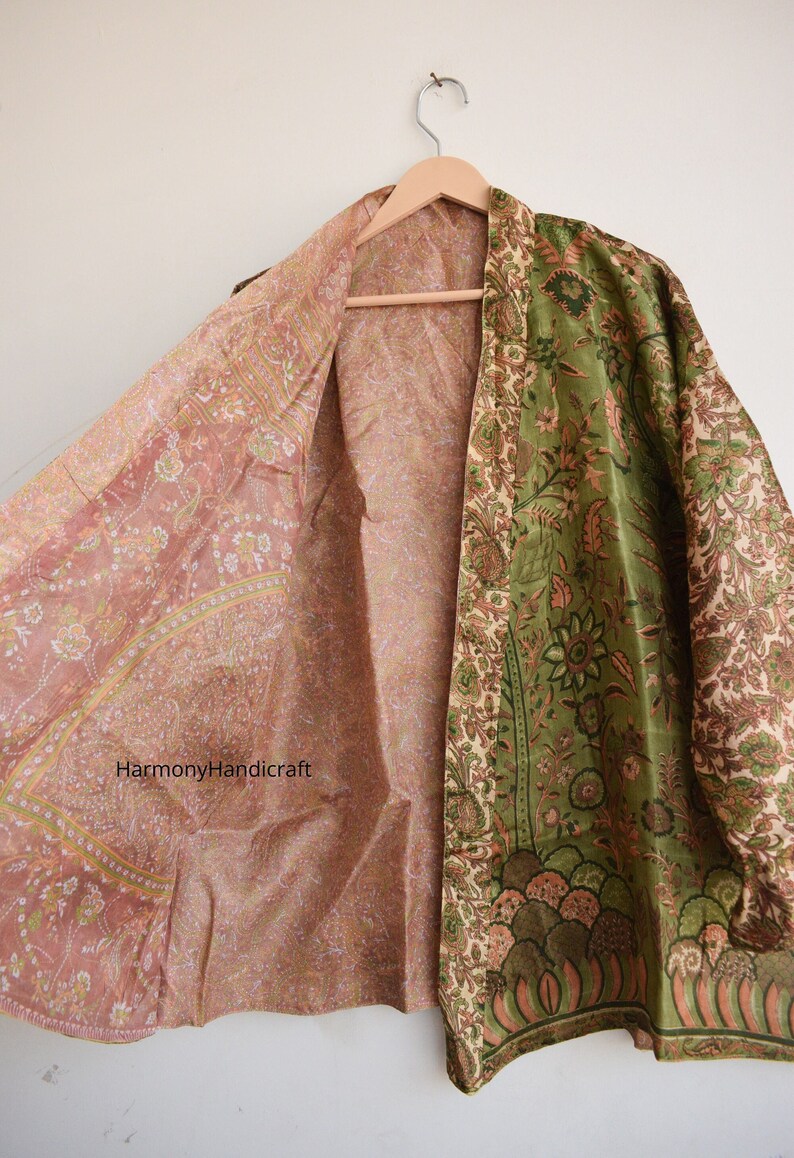 Reversible Recycled Silk Sari Kimono, Vintage Sari Short Robe, Bikini