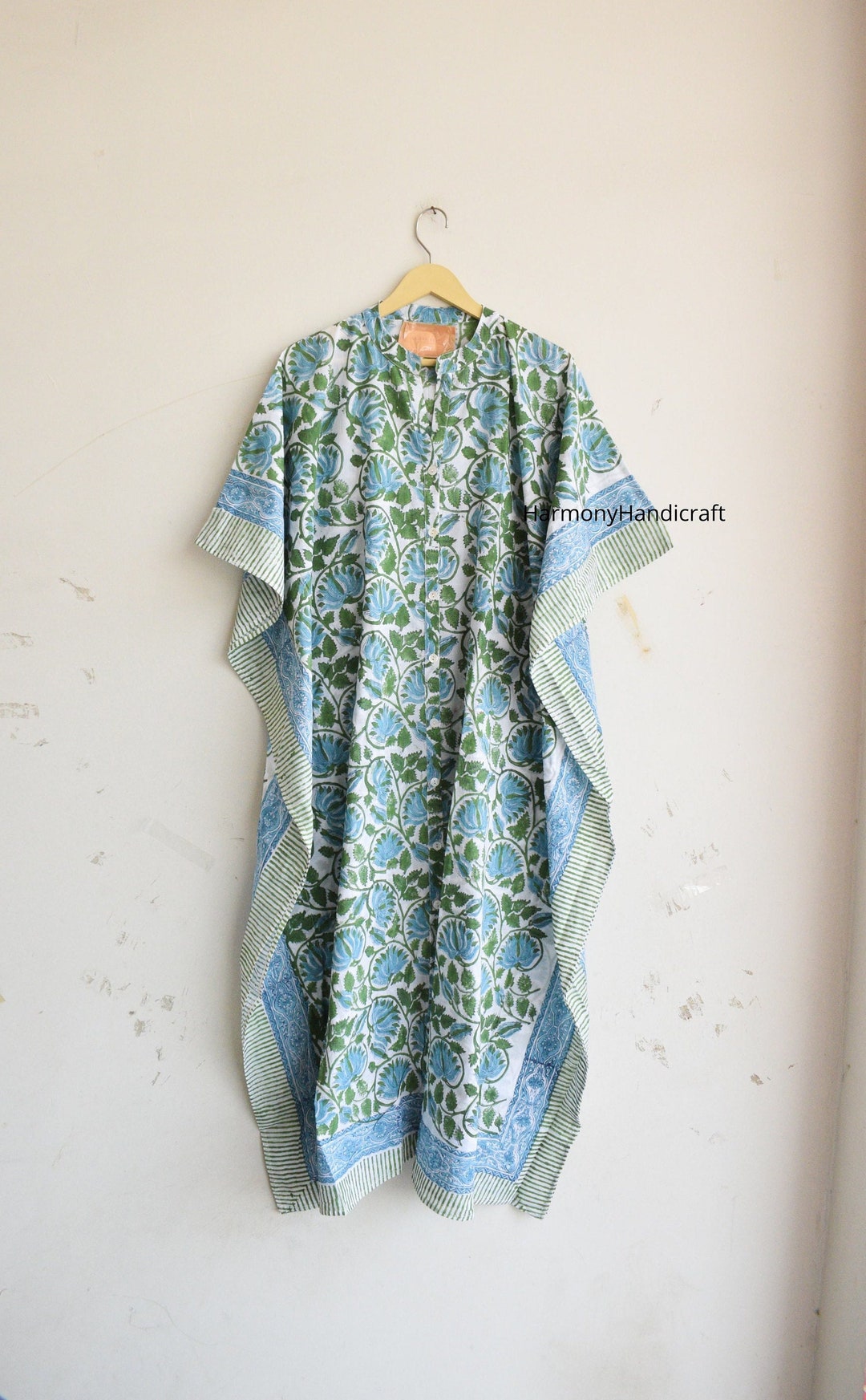 Blue - Hand Block Batik Print Cotton Medium Kaftan 33
