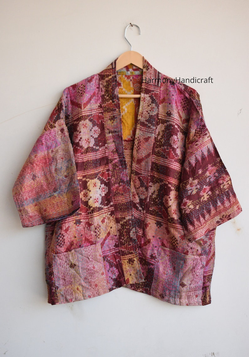 Veste Réversible Matelassée Femme - Fait Main En Inde, Motifs Kantha - Taille XS-XXL, Multicolore