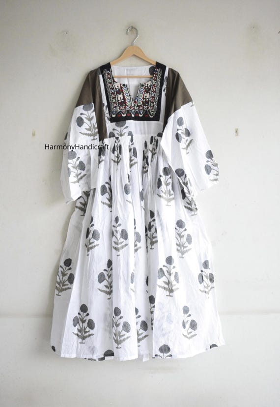 Hand Block Print Cotton Maxi Dress, Vintage Banjara Patchwork, Boho Afghan Style