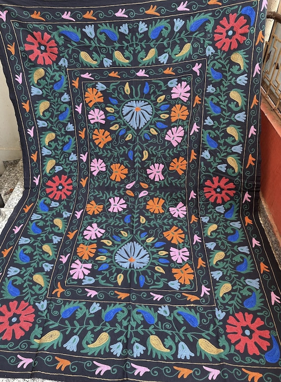Handmade Suzani Bedspread, Embroidered Floral Table Cover (90x60 Inches)