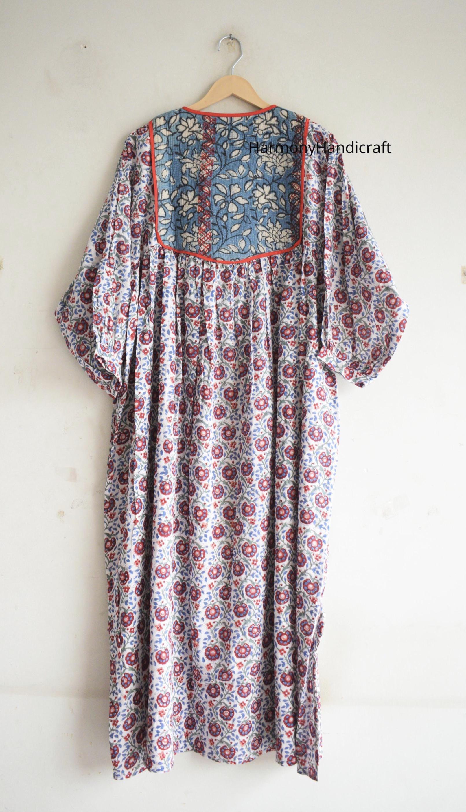 kantha quilt × hand block print dress Handmade Cotton Maxi Dress, Floral Block Print Kantha Patch, Boho