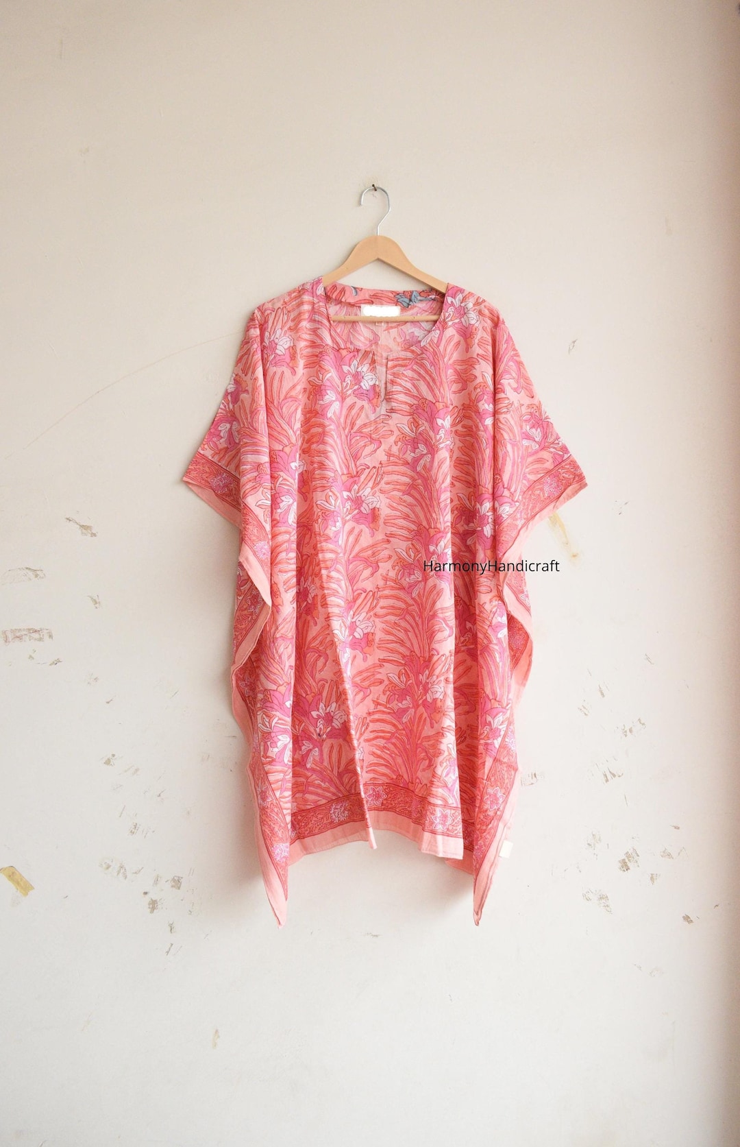 Beige - Hand Block Printed Cotton Kaftan with Tie-Up Waist (Short)