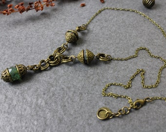 Ethnic Boho necklace, bronze-colored – handmade vintage jewelry – unique Bohemian necklace with green Bohemian glass beads