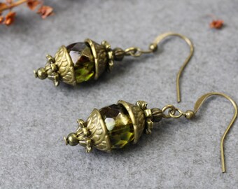 Ethnic Boho earrings, bronze-colored – handmade vintage jewelry – unique Bohemian earrings with olive green Bohemian glass beads