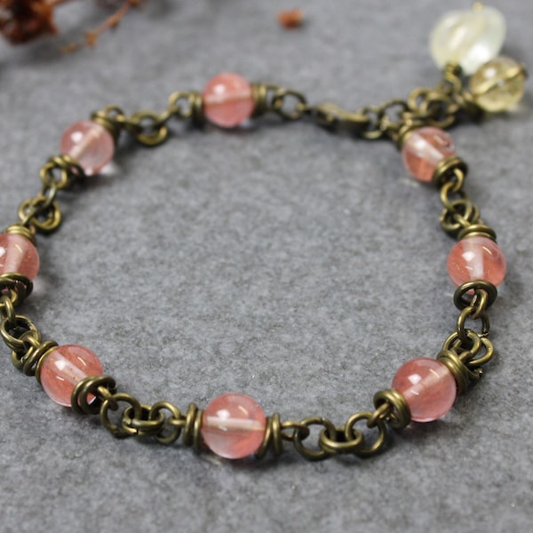 Bracelet pierres couleur bronze fraise quartz citrine aigue marine