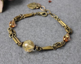 Ethnic Boho bracelet, bronze-colored - handmade vintage jewelry - unique Bohemian bracelet with rutilated quartz gemstones, apricot gold-colored