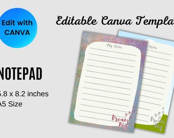 Puede incluir: Dos blocs de notas con páginas rayadas, uno con un fondo de acuarela colorido y el otro con un fondo azul y verde. Los blocs de notas miden 14,7 x 20,8 cm (tamaño A5) y tienen el texto "My Notes" y "Dream Big". La imagen también incluye el texto "Edit with Canva" y "Editable Canva Template".