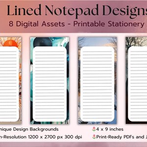 Lined Notepad Printable Stationery Bundle | 8 Unique Background Designs ...