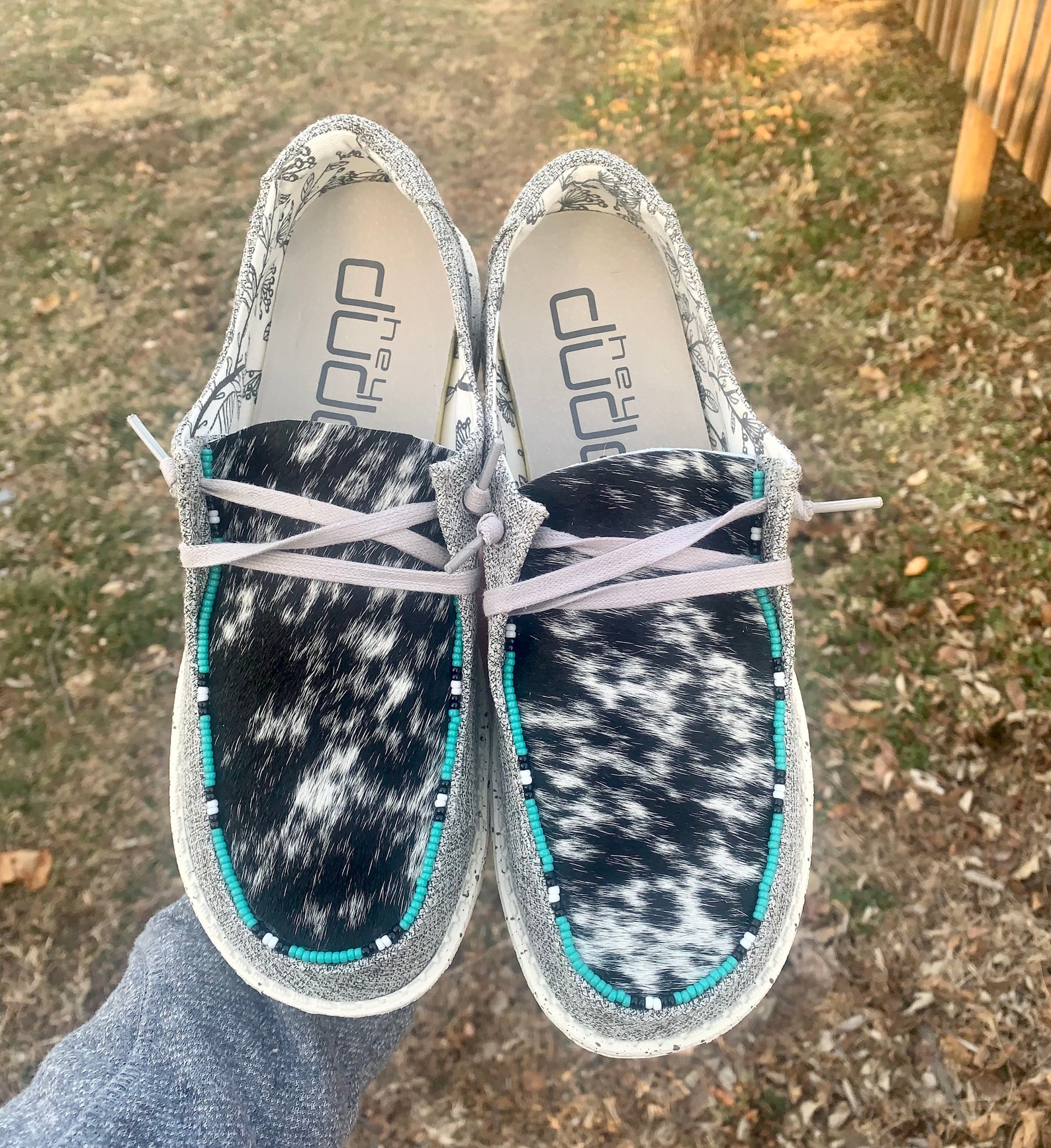 Cowhide Beaded Hey Dudes Etsy