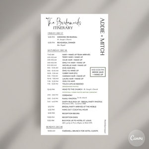 ブライズメイドのためのミニマリストな結婚式日程表、デジタルダウンロード、カスタマイズ可能な結婚式タイムライン、印刷可能な結婚式テンプレート