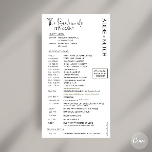 Minimalist Wedding Day Itinerary for BRIDESMAIDS, DIGITAL DOWNLOAD, Customizable Wedding Day Timeline, Printable Wedding Day Template