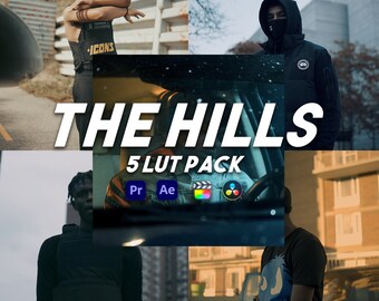 May include: A collage of images featuring people wearing black clothing and a title that reads "THE HILLS 5 LUT PACK" with icons for Premiere Pro, After Effects, Final Cut Pro, and DaVinci Resolve.