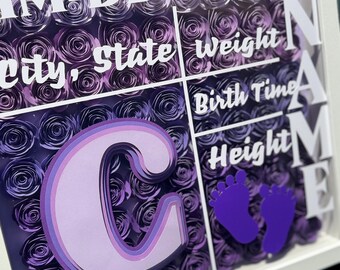 May include: A white shadow box with a purple paper flower background. The box is divided into sections with labels for "Name", "MM-DD-YYYY", "City, State", "Weight", "Birth Time", and "Height". The letter "C" is in the center of the box.