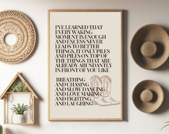 Country music inspired poster digital wall art prints, western wall art, country music lyrics print poster and cowboy boots - brown/beige