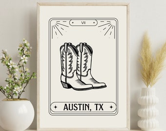 Austin Texas Wall Art Print, Country Music Poster Print, American Western Style Home Decor Cowboy Boots Print, Tarot Gift for Her - Beige