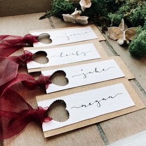 Handmade Personalised Gift Tag, Custom Calligraphy Name Tags for Wedding Place Name - Kraft With Mulberry Ribbon