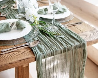 Sage Green Table Runner, Spring Decor, Long 90x400cm Tablecloth, Rustic Forest Table Decoration for Weddings, Events and Home Dining Table
