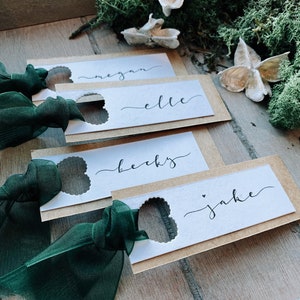 Handmade Custom Calligraphy Name Tags, Personalised Place Card for Wedding or Events - Kraft with Forest Green Ribbon