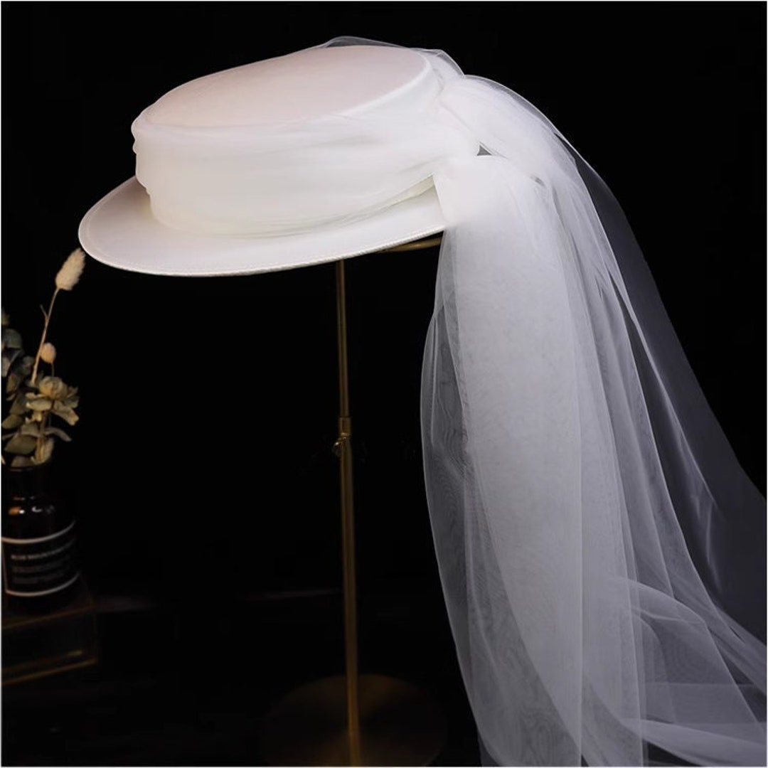 Handmade Bridal Formal Hat White Satin Flat Top Hat With Veil Etsy