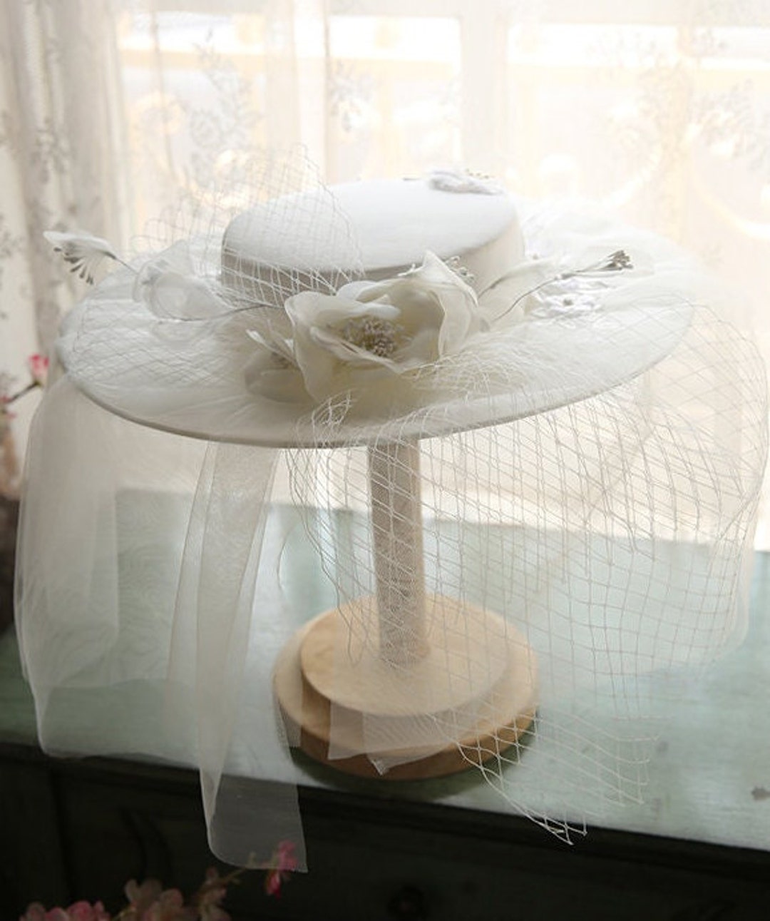 Handmade Bridal Formal Hat White Mesh Flower Top Hat Etsy