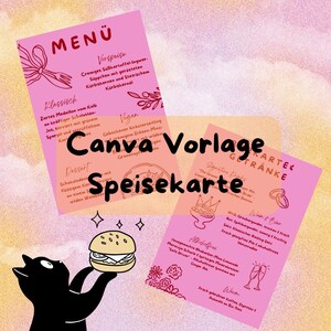 May include: Two pink menu cards featuring German text, including 'MENÜ' and 'GETRÄNKE', decorated with line art illustrations of a bow, flowers, and drinks. A black cat illustration holds a burger at the bottom left of the composition.