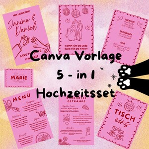 Op de afbeelding: Een set roze trouwkaartsjablonen met handgetekende illustraties van een dansend paar, discoballen, trouwringen en tekst waaronder WIR HEIRATEN, Janine & Daniel, SAVE THE DATE, MARIE, MENÜ, BARKARTE en TISCH eins.