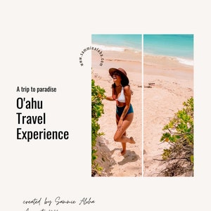 May include: A woman in a blue swimsuit and a wide-brimmed hat smiles while standing on a beach with white sand and turquoise water. The text "A trip to paradise O'ahu Travel Experience" is visible in the image. The text "created by Sammie Aloha August 2023" is also visible.
